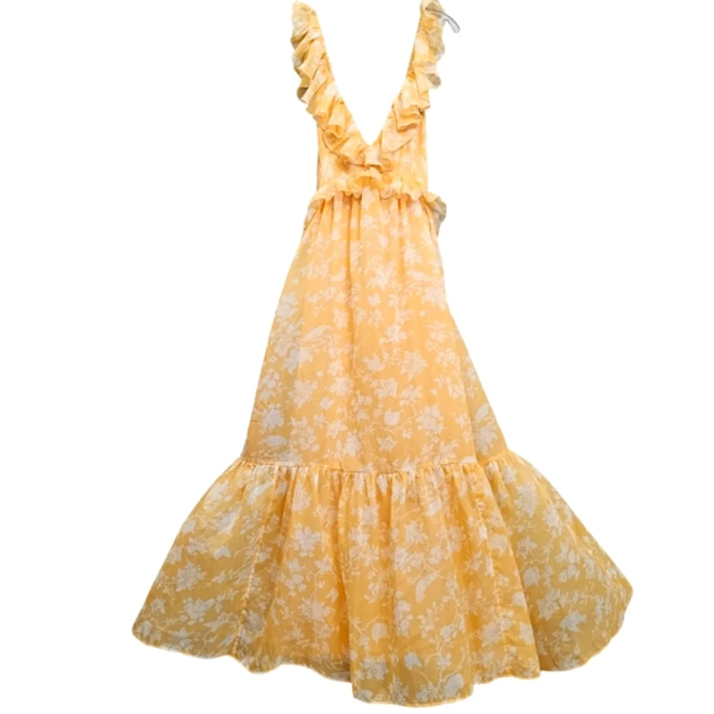 Nwot Abercrombie & Fitch Orange/White Floral Ruffle Bodice Tie Back Maxidress